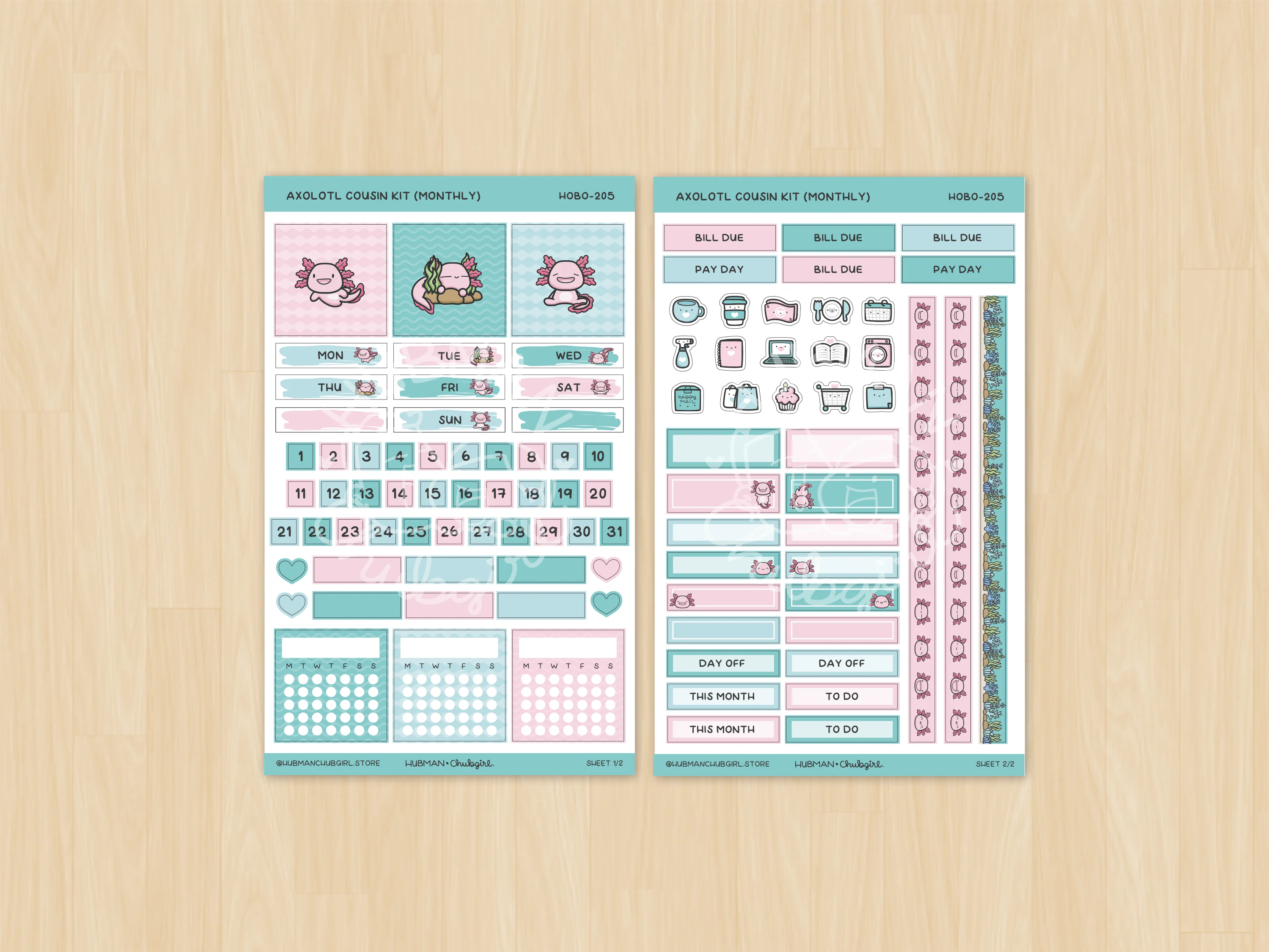 Happy Axolotl Theme Hobonichi Cousin Monthly Kit (Set of 2) - Image 2